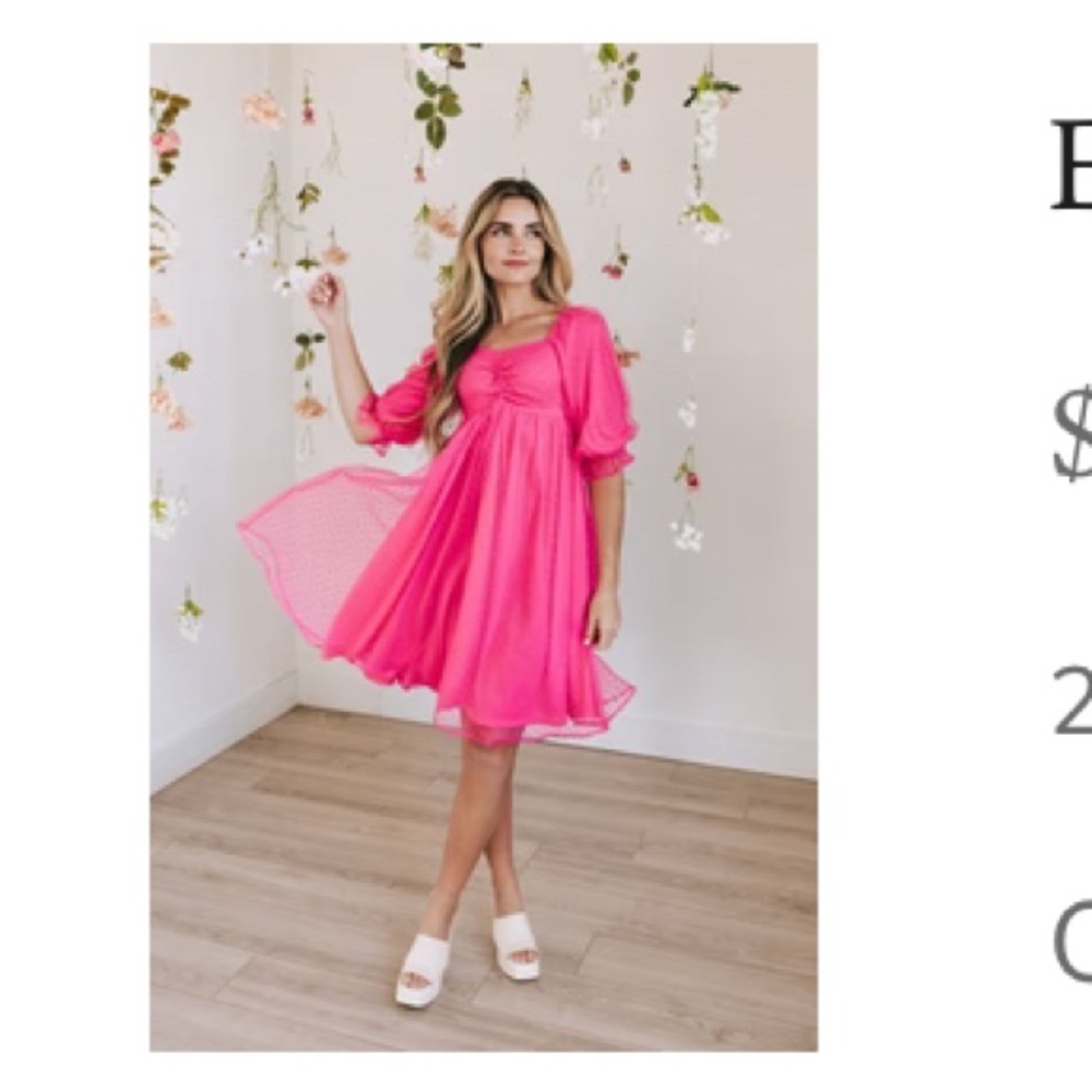 Pink Puff Sleeve V-Neck Babydoll Midi Dress